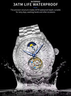 PINDU P6637 automatic tourbillon skeleton watch silver case 3ATM waterproof baguette crystal dial moon phase lifestyle shot