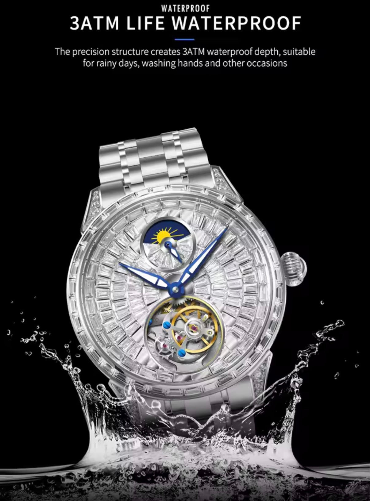 PINDU P6637 automatic tourbillon skeleton watch silver case 3ATM waterproof baguette crystal dial moon phase lifestyle shot