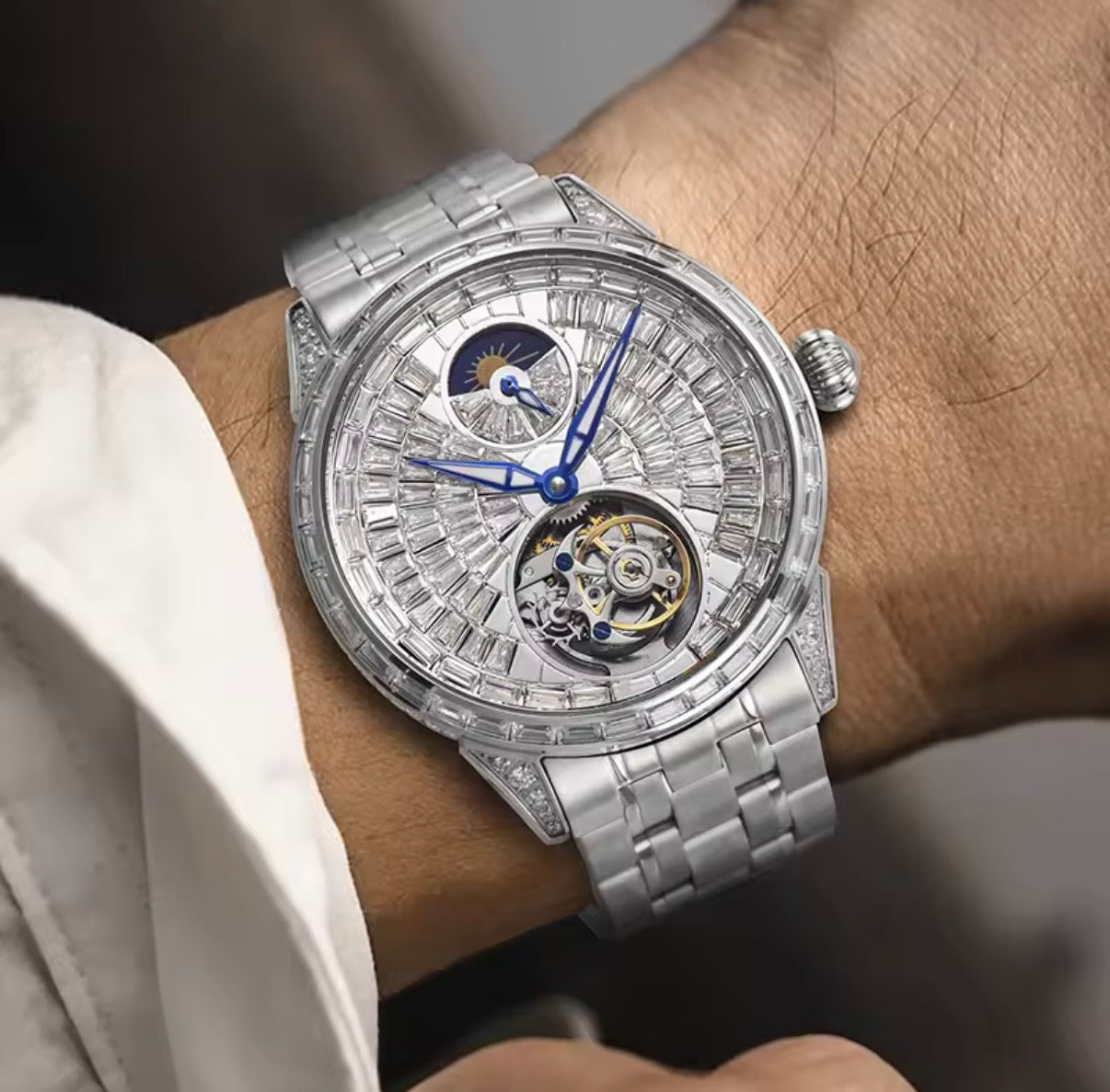 PINDU P6637 automatic tourbillon skeleton watch silver case open heart movement moon phase steel bracelet wrist shot