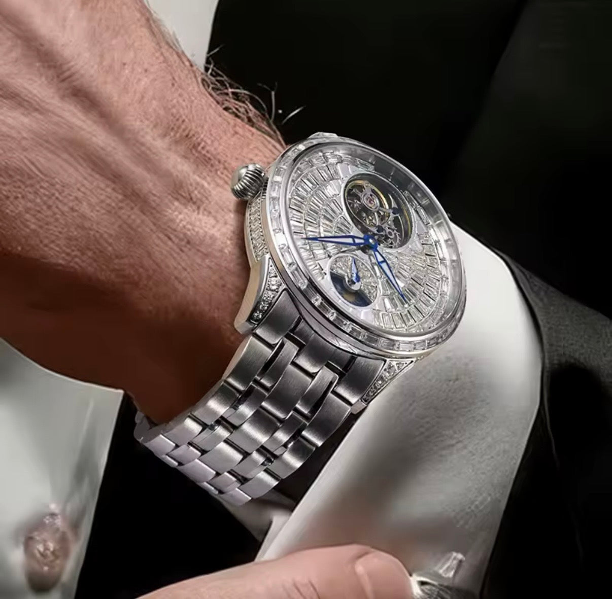PINDU P6637 automatic tourbillon skeleton watch silver case flying tourbillon baguette crystal bezel dial close-up