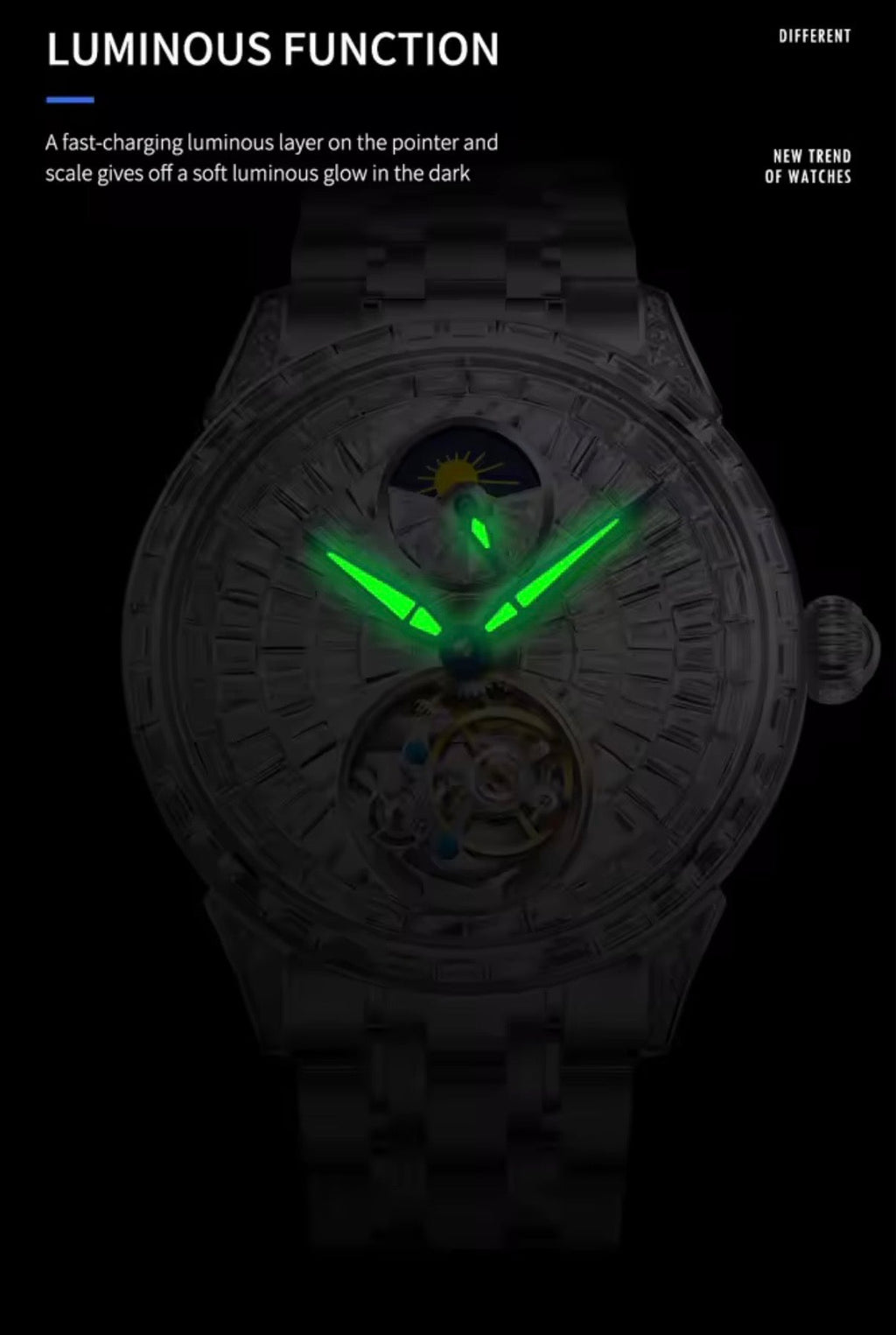PINDU P6637 automatic tourbillon skeleton watch silver case luminous green lume hands moon phase dial close-up