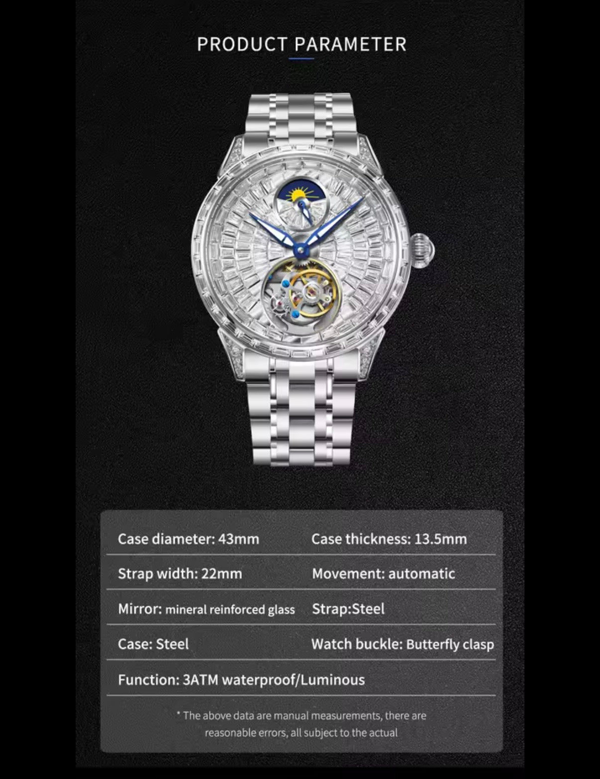 PINDU P6637 automatic tourbillon skeleton watch specifications 43mm silver case 3ATM waterproof butterfly clasp