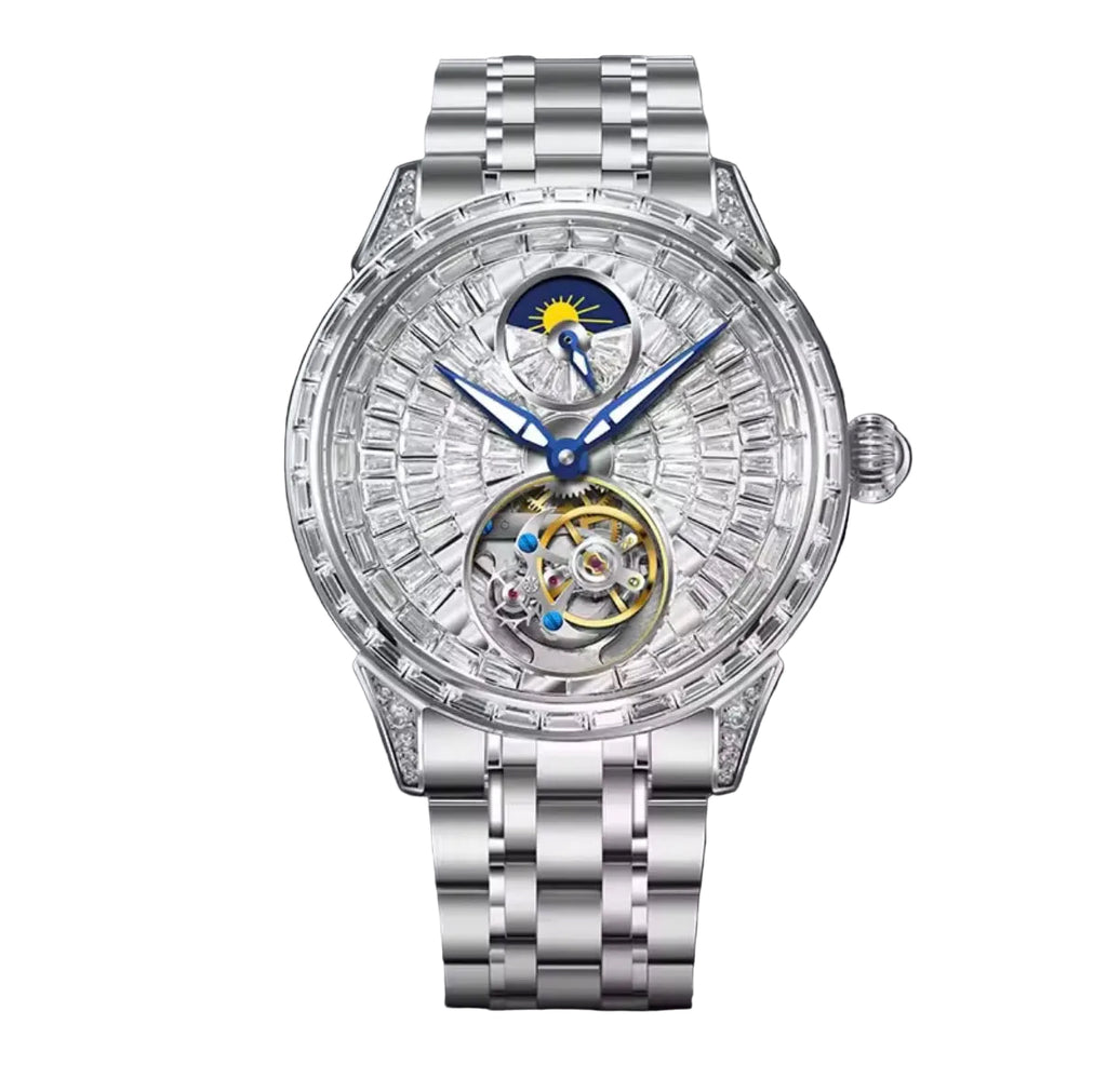 PINDU P6637 skeleton automatic men's watch featuring baguette crystal-set dial, open-heart tourbillon movement, moon phase complication, blue hands, and stainless steel bracelet
