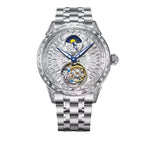PINDU P6637 skeleton automatic men's watch featuring baguette crystal-set dial, open-heart tourbillon movement, moon phase complication, blue hands, and stainless steel bracelet

