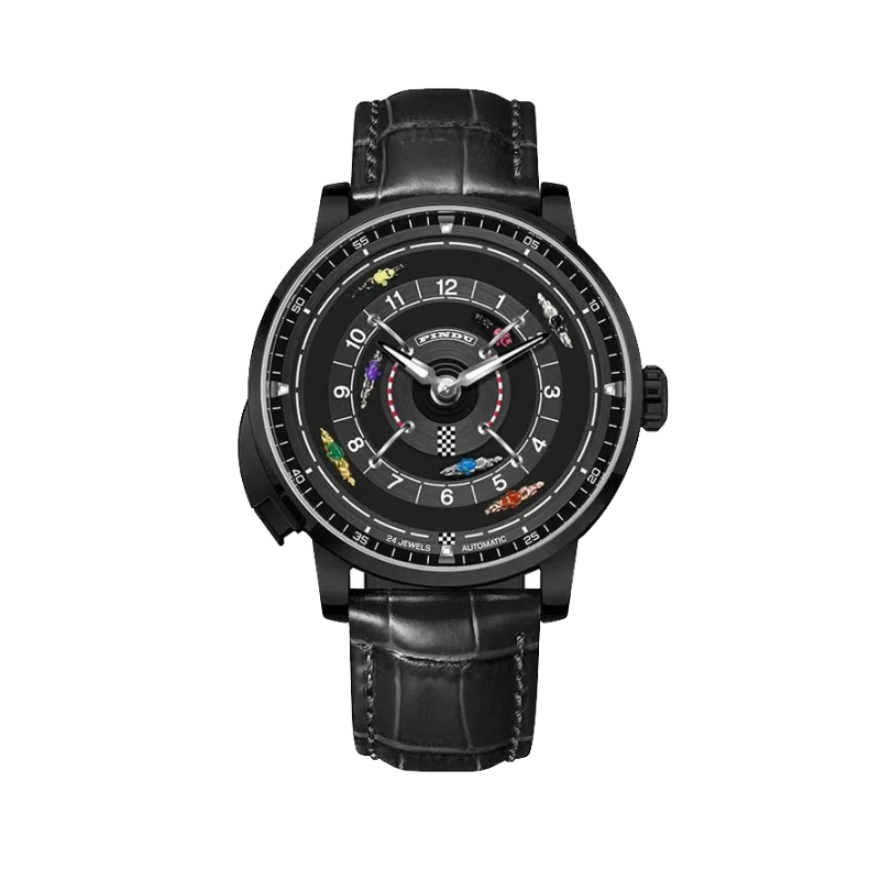 PINDU P6652 horse racing watch black PVD case black leather strap black dial