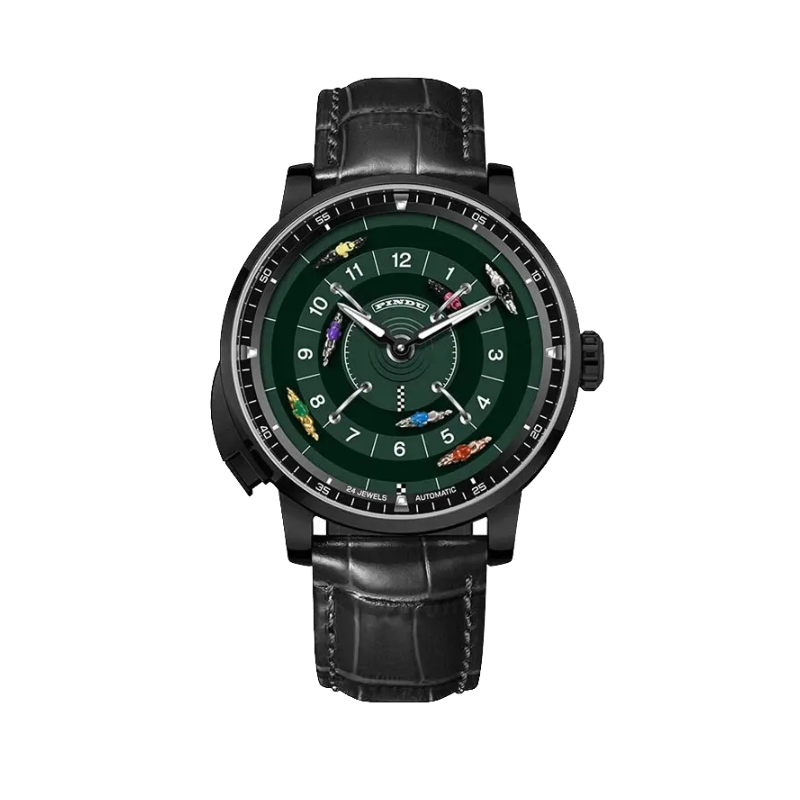PINDU P6652 horse racing watch black PVD case black leather strap green dial