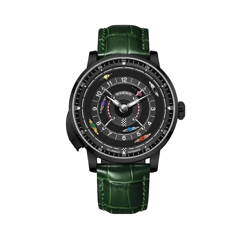PINDU P6652 horse racing series watch black PVD case green leather strap black dial