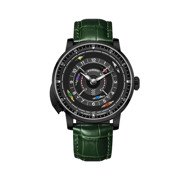 PINDU P6652 horse racing series watch black PVD case green leather strap black dial