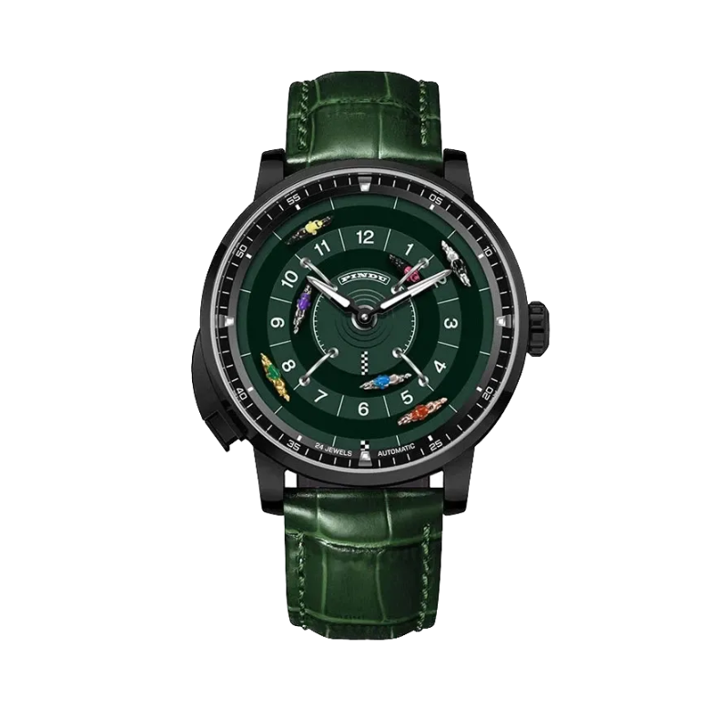 PINDU P6652 horse racing series black PVD case green leather strap green dial