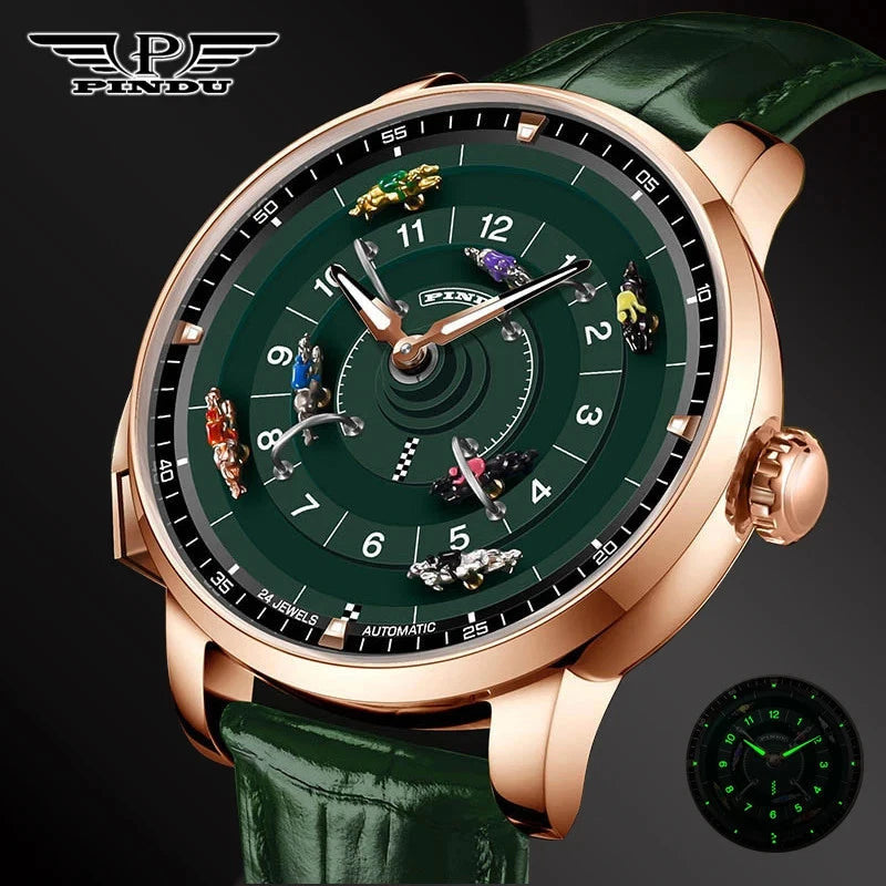 PINDU P6652 horse racing dial close-up 3D horse figurines luminous green rose gold