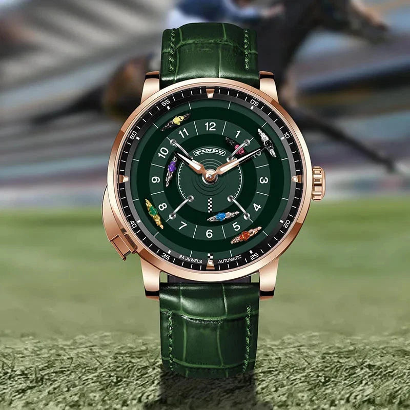 PINDU P6652 horse racing watch lifestyle horse sunset rose gold green leather strap