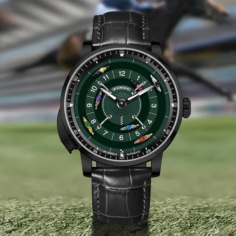 PINDU P6652 horse racing series lifestyle track background black PVD case green dial