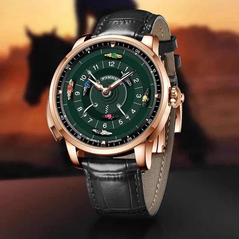 PINDU P6652 horse racing watch lifestyle rose gold black leather strap green dial