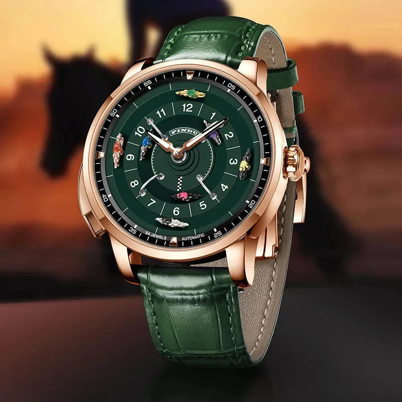 PINDU P6652 horse racing watch lifestyle horse sunset rose gold green strap green dial