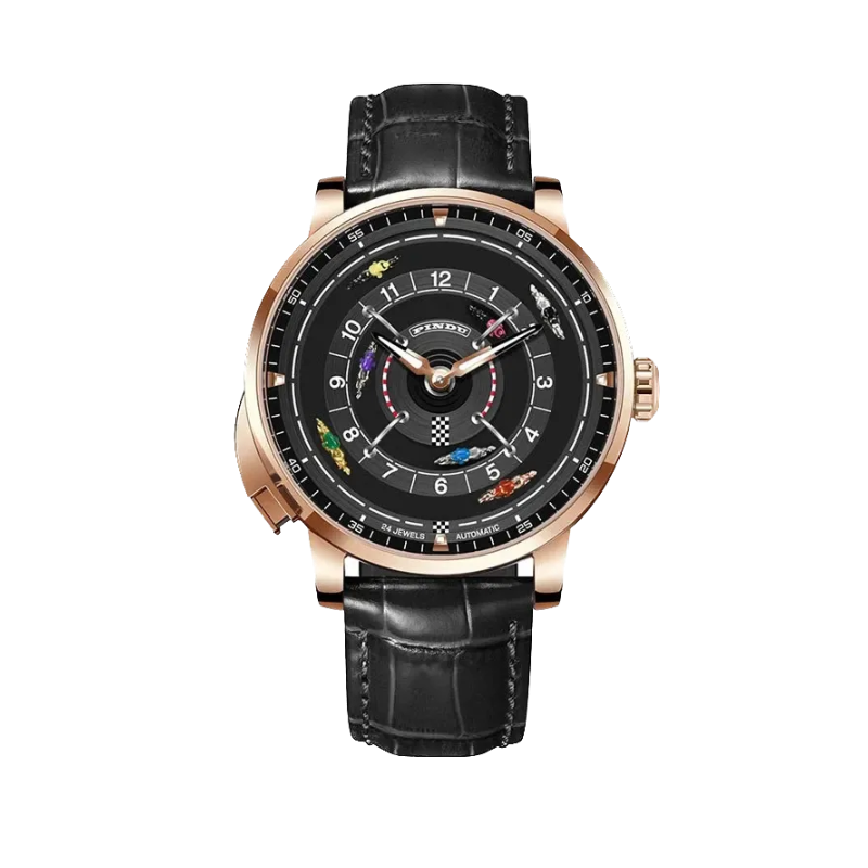 PINDU P6652 horse racing series rose gold case black leather strap black dial