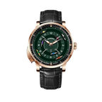 PINDU P6652 horse racing watch rose gold case black leather strap green dial