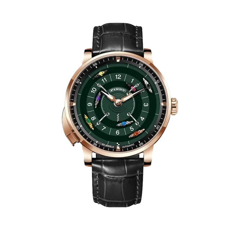 PINDU P6652 horse racing watch rose gold case black leather strap green dial