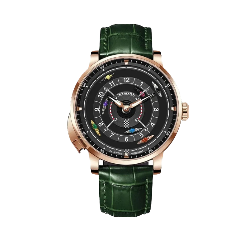 PINDU P6652 horse racing series rose gold case green leather strap black dial