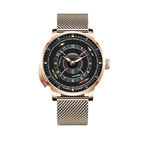 PINDU P6652 horse racing watch rose gold case rose gold mesh bracelet black dial