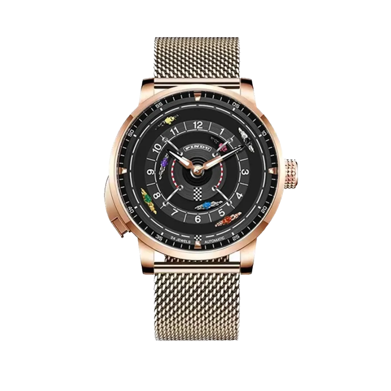 PINDU P6652 horse racing watch rose gold case rose gold mesh bracelet black dial