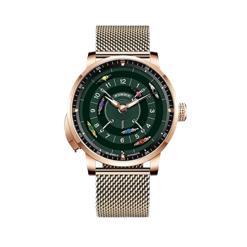PINDU P6652 horse racing series rose gold case rose gold mesh strap green dial