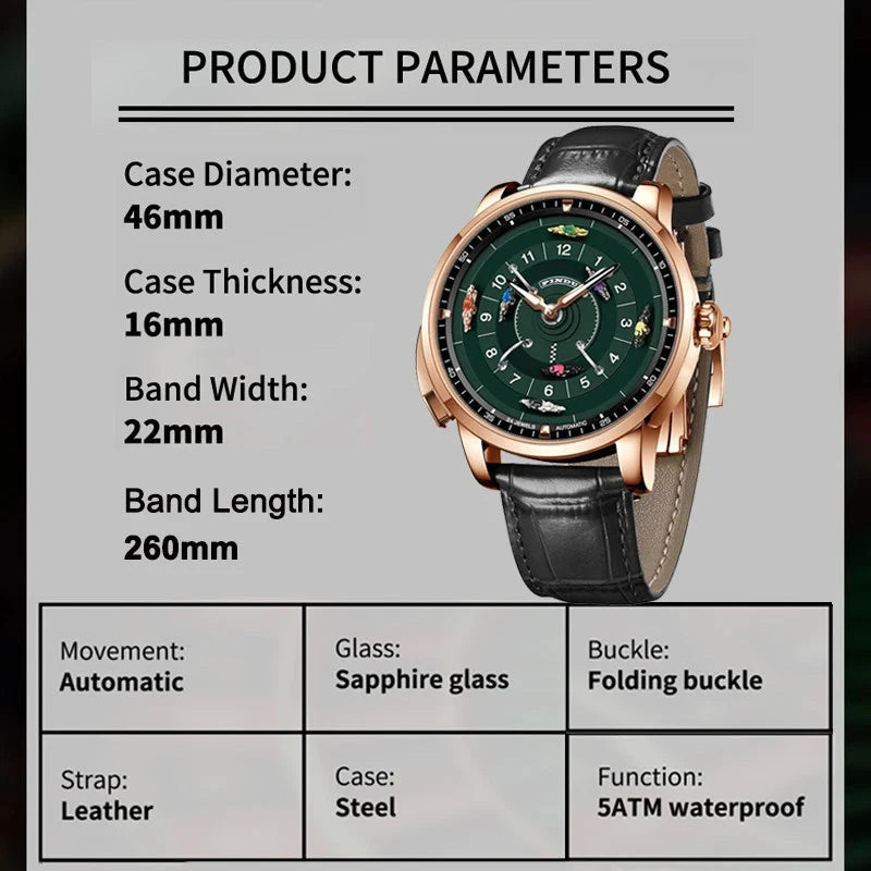 PINDU P6652 horse racing watch specs 46mm automatic sapphire glass 5ATM waterproof