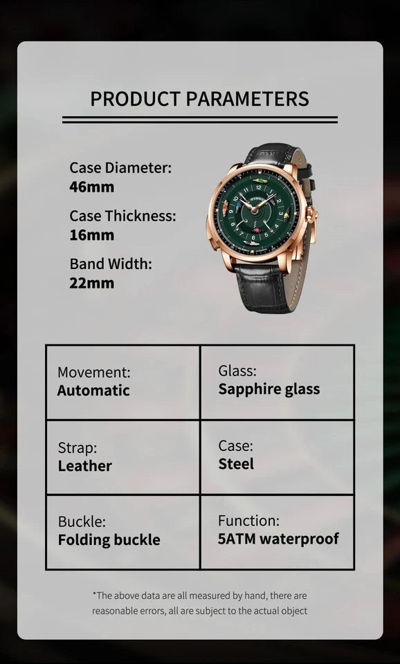 PINDU P6652 horse racing watch specifications automatic sapphire glass steel case leather strap