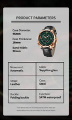PINDU P6652 horse racing watch specifications automatic sapphire glass steel case leather strap
