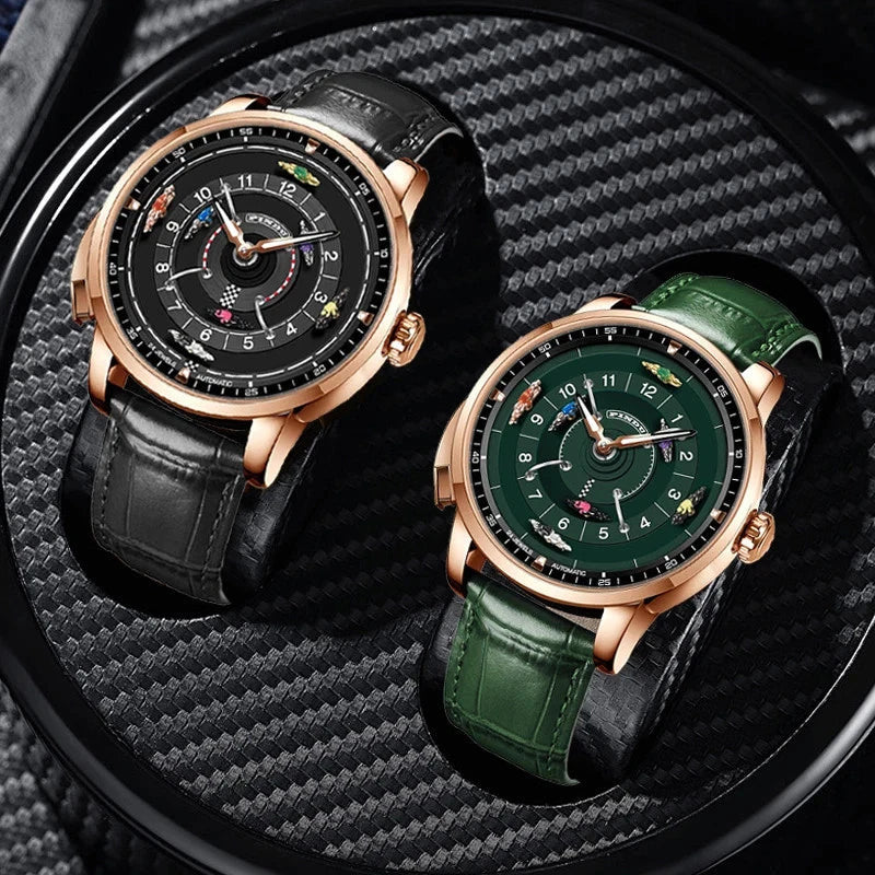 PINDU P6652 horse racing two variants black dial and green dial rose gold cases