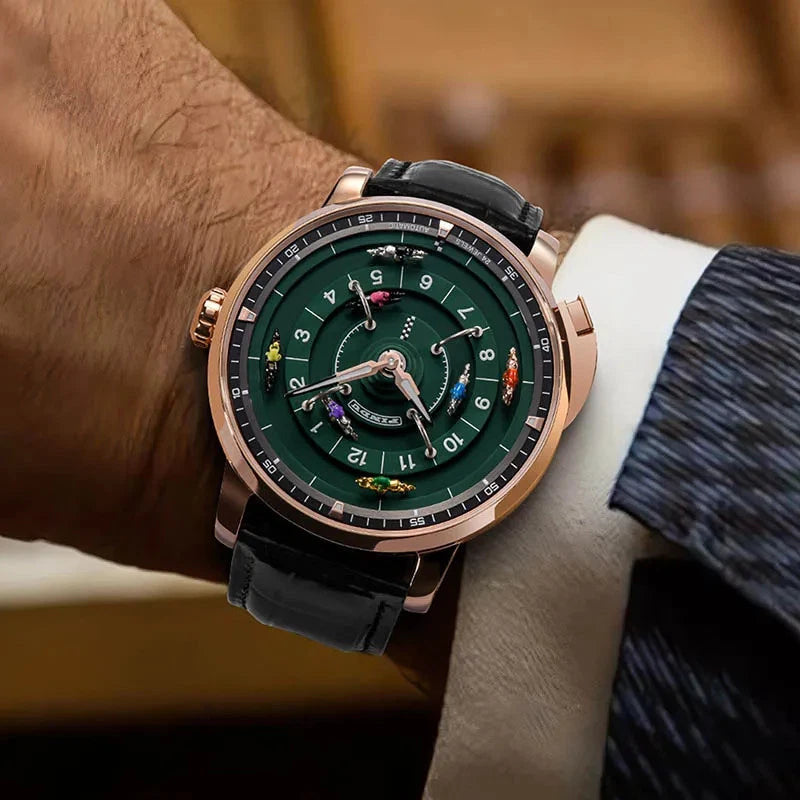 PINDU P6652 horse racing watch on wrist rose gold black strap green dial