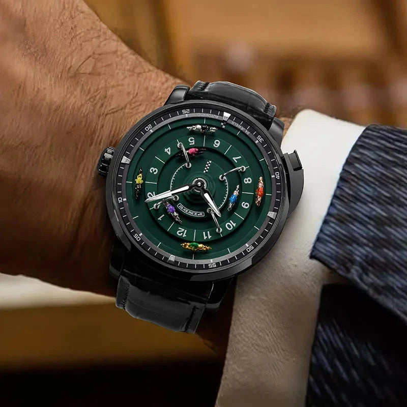 PINDU P6652 horse racing watch wrist shot black PVD case black strap green dial