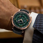 PINDU P6652 horse racing watch on wrist rose gold case black leather strap green dial