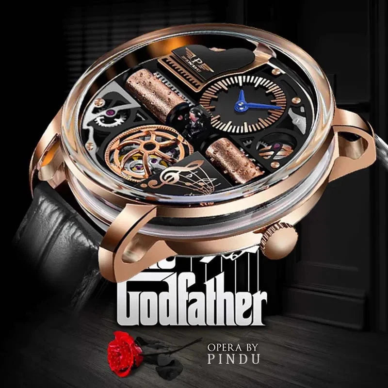 PINDU P6655 Godfather Classic Series gold case black leather strap angle view