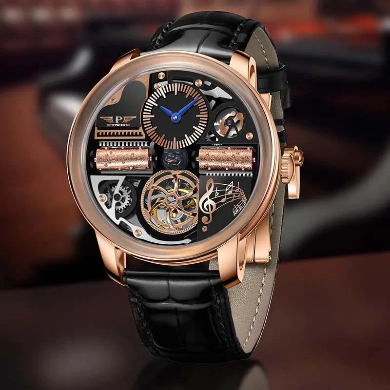 PINDU P6655 Godfather Classic Series gold case brown leather strap angle view