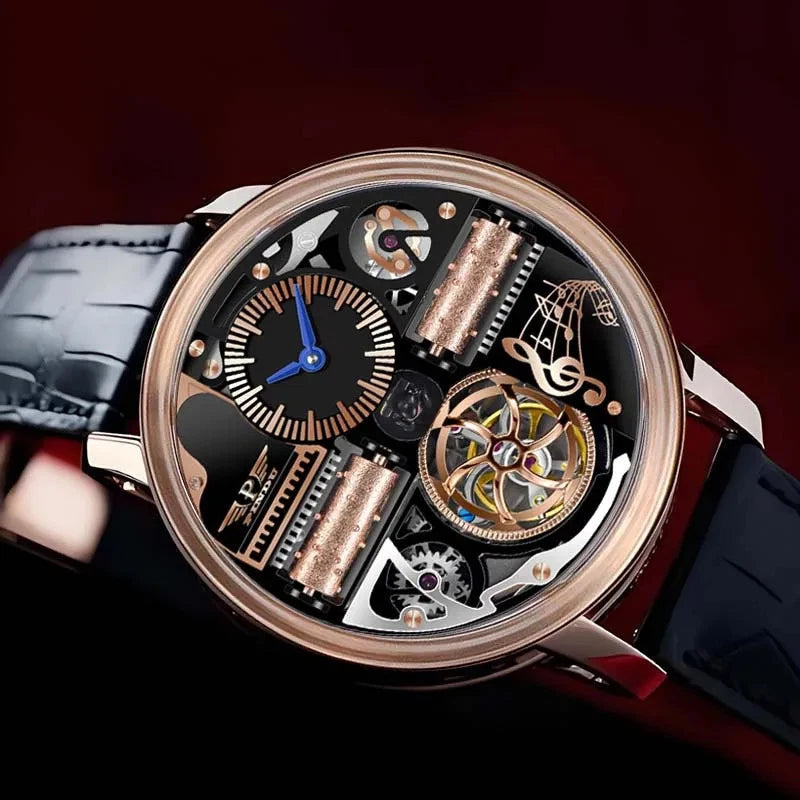 PINDU P6655 Godfather Classic Series gold case brown leather strap dial closeup