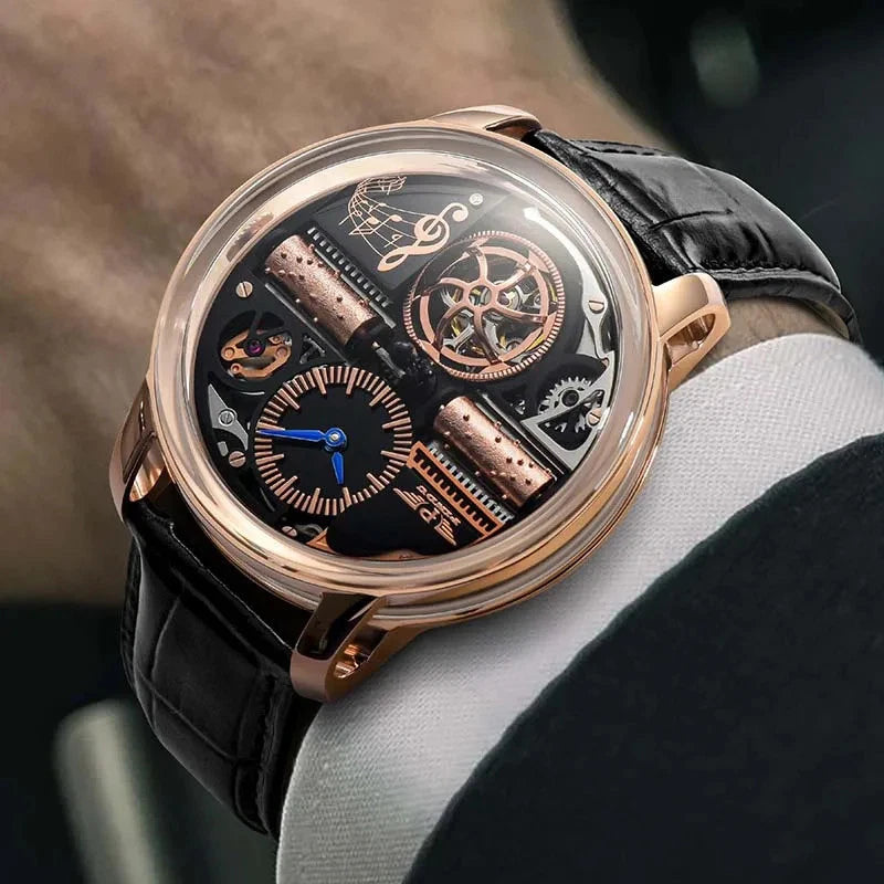 PINDU P6655 Godfather Classic Series gold case brown leather strap side view