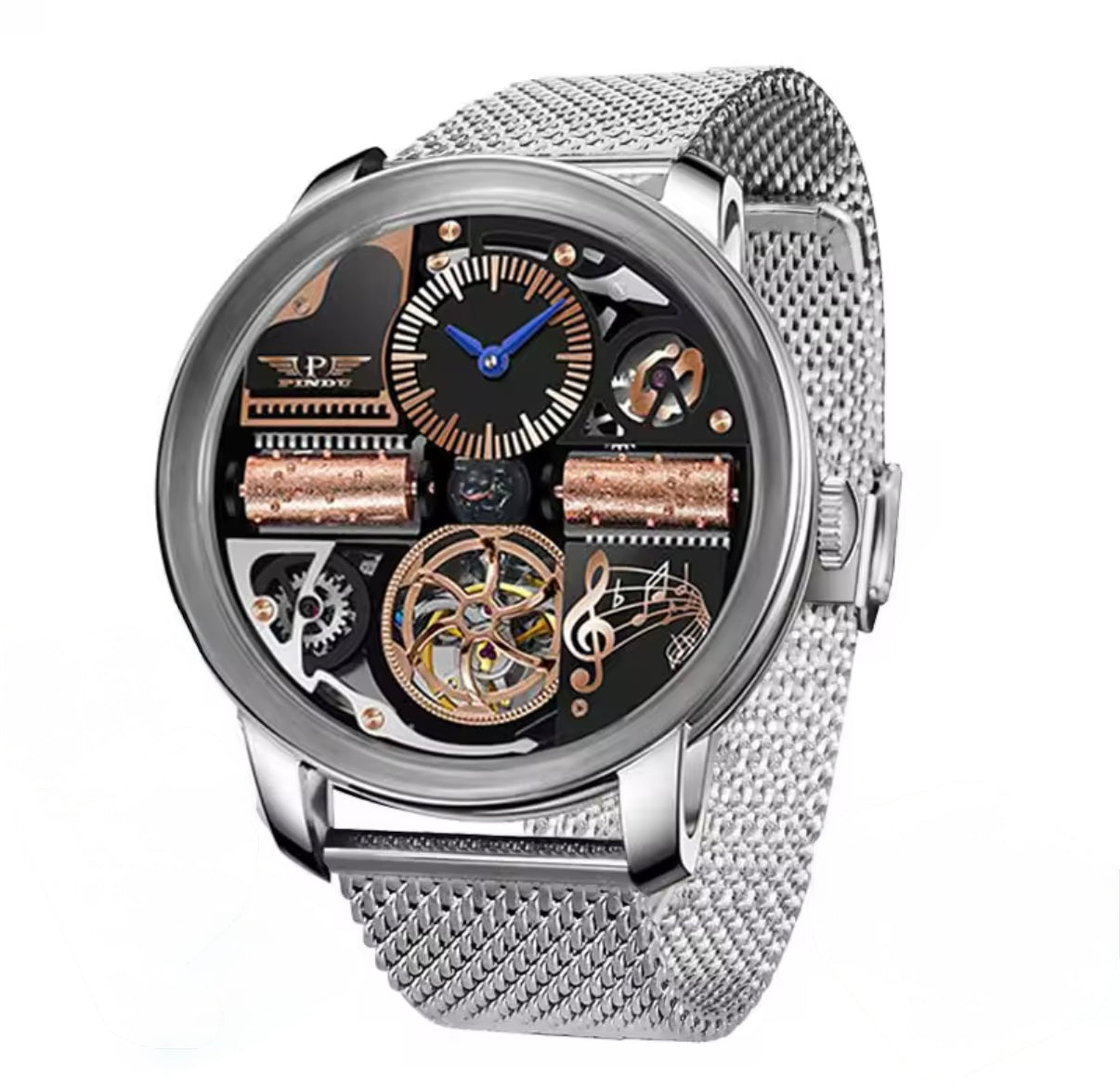 PINDU P6655 Godfather Classic Series silver case black leather strap angle view