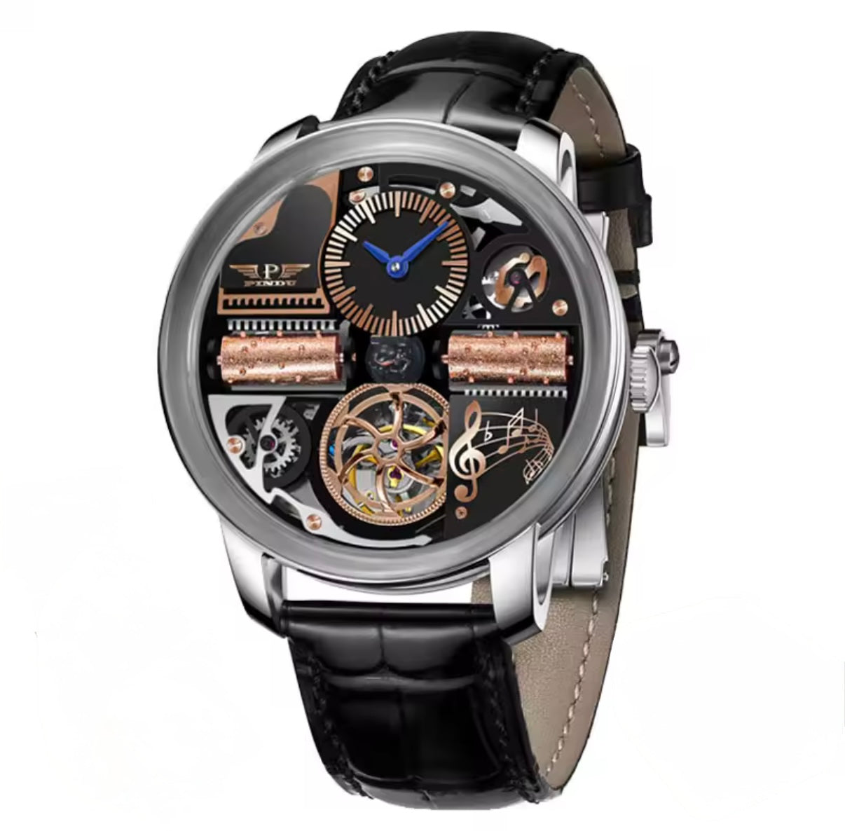 PINDU P6655 Godfather Classic Series silver case brown leather strap dial closeup