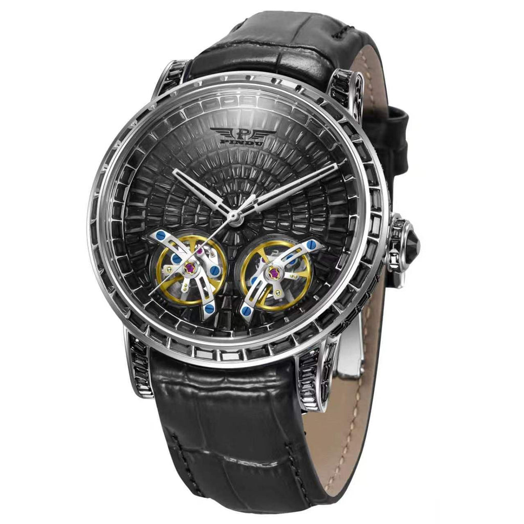 PINDU P6656 double tourbillon skeleton watch with black crystal dial and black leather strap, silver stainless steel case