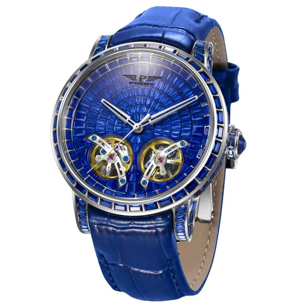PINDU P6656 double tourbillon skeleton watch with blue crystal dial and blue leather strap, silver stainless steel case
