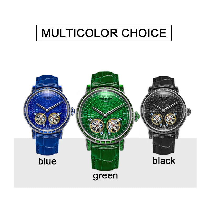 PINDU P6656 watch color options: blue, green and black leather straps with matching crystal dials
