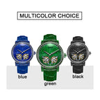 PINDU P6656 watch color options: blue, green and black leather straps with matching crystal dials