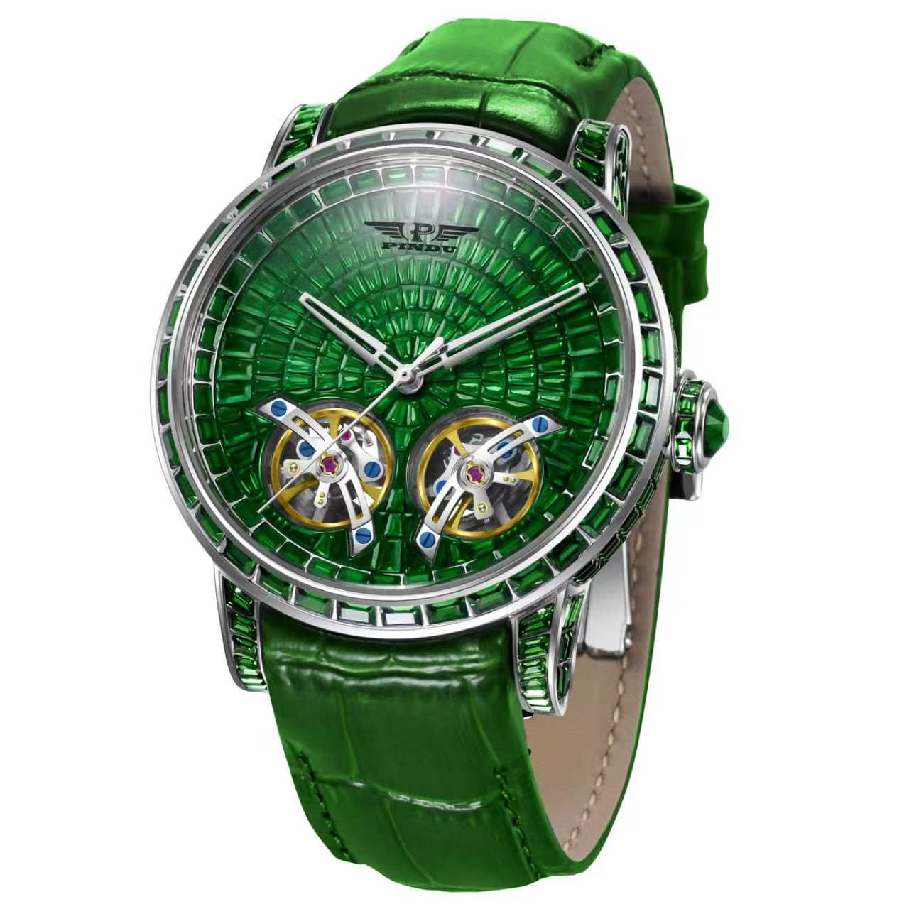 PINDU P6656 double tourbillon skeleton watch with green crystal dial and green leather strap, silver stainless steel case
