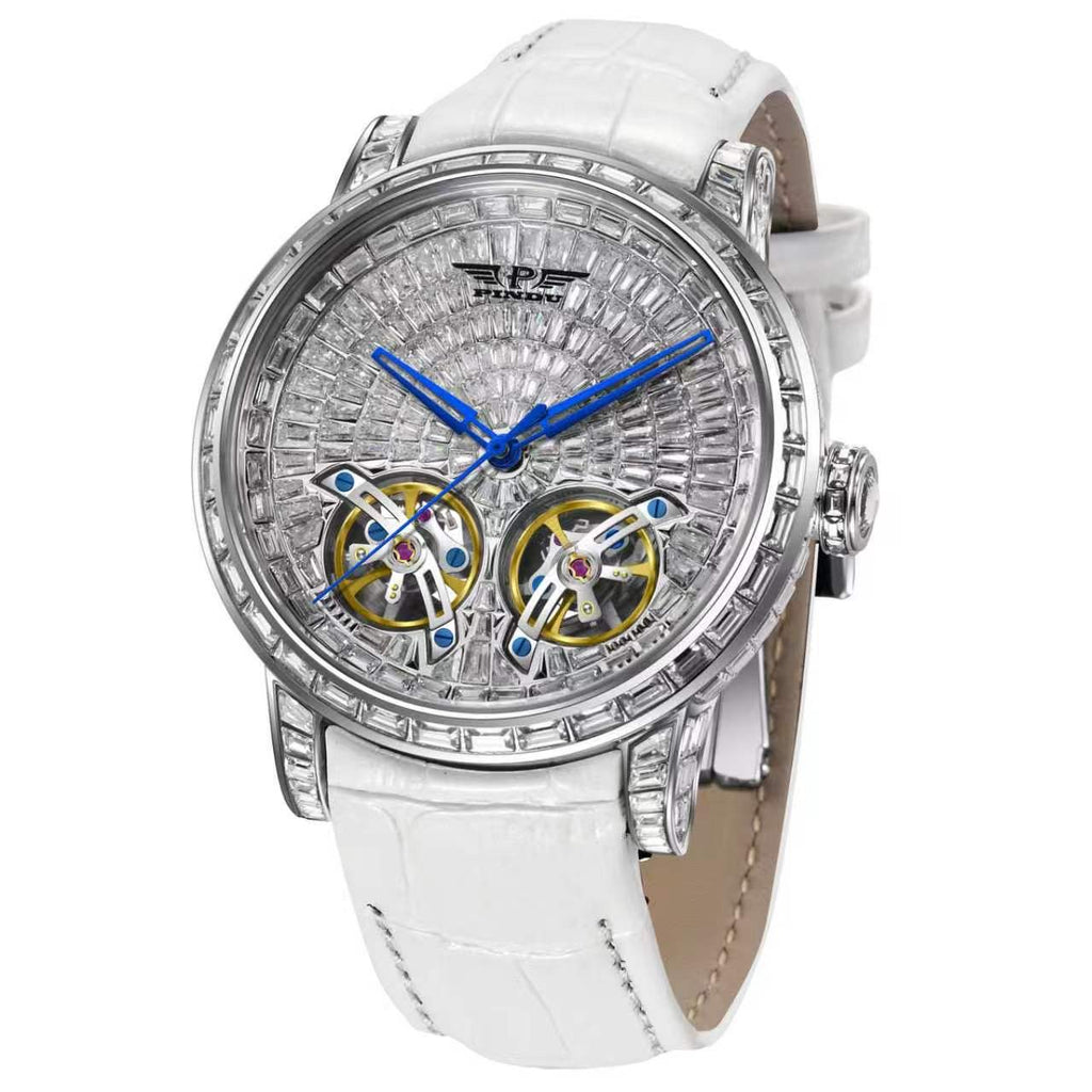 PINDU P6656 double tourbillon skeleton watch with diamond-set silver dial, blue hands and white leather strap