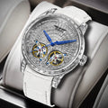 PINDU P6656 silver diamond double tourbillon watch with white leather strap shown in a gift box
