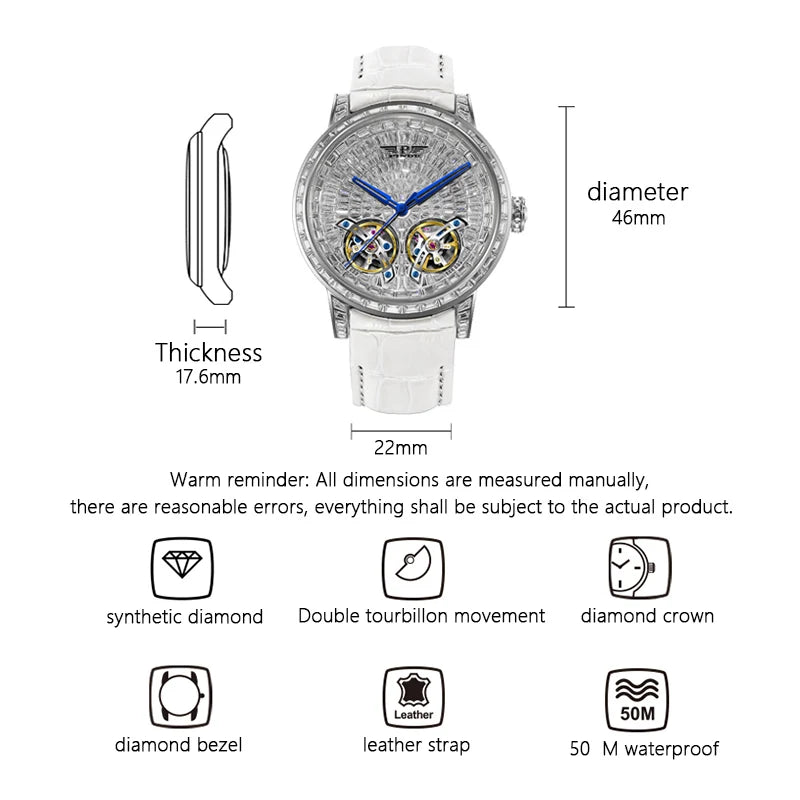 PINDU P6656 watch specifications: 46mm case diameter, 17.6mm thickness, 22mm leather strap, double tourbillon, 50m waterproof