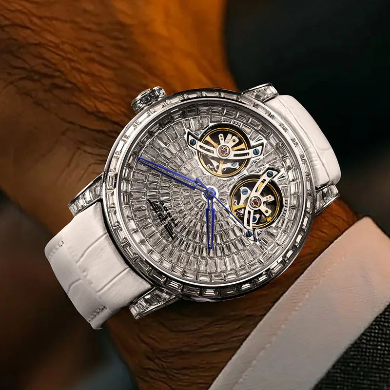 PINDU P6656 diamond skeleton tourbillon watch with white leather strap, top view on wrist