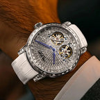 PINDU P6656 diamond skeleton tourbillon watch with white leather strap, top view on wrist