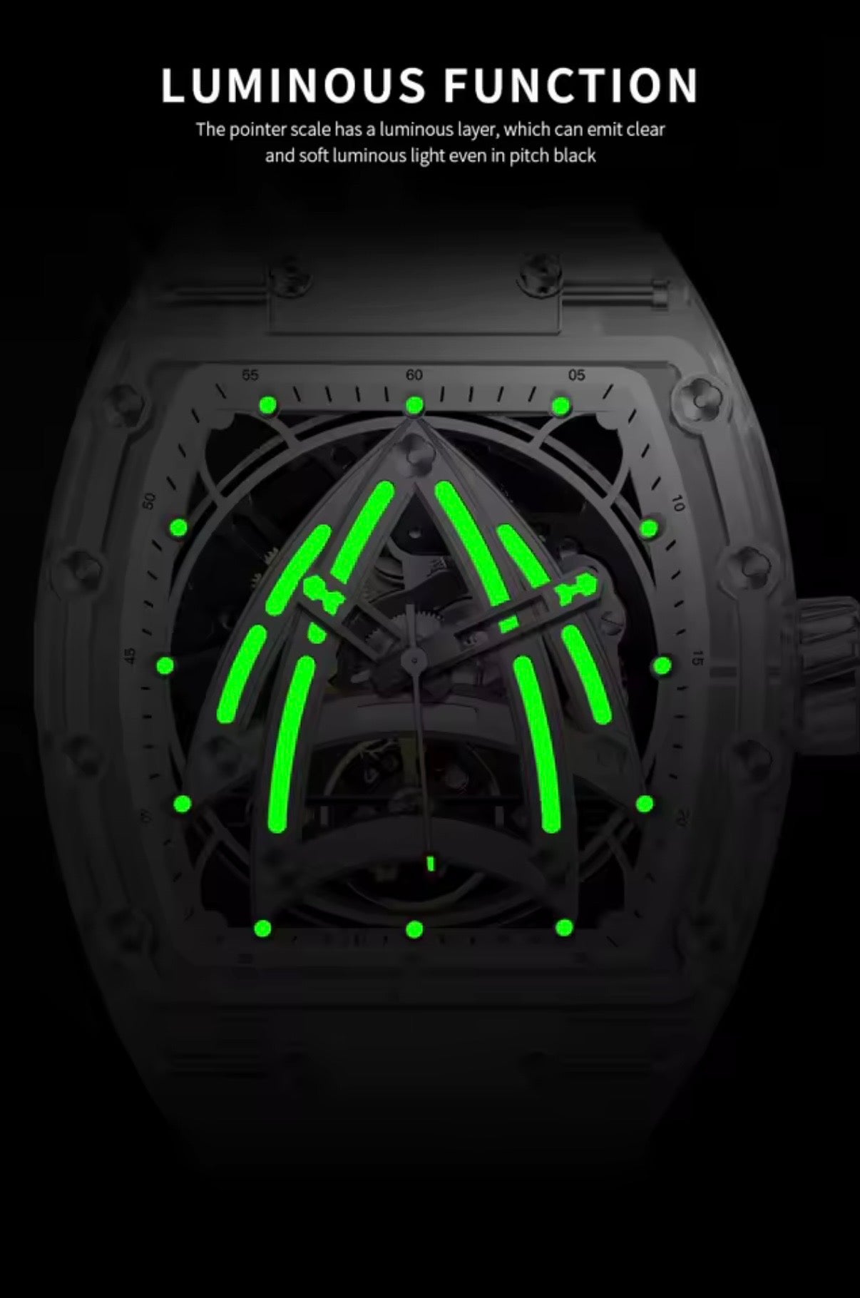 PINDU P6657 Sailing Series skeleton dial green luminous lume glow dark background