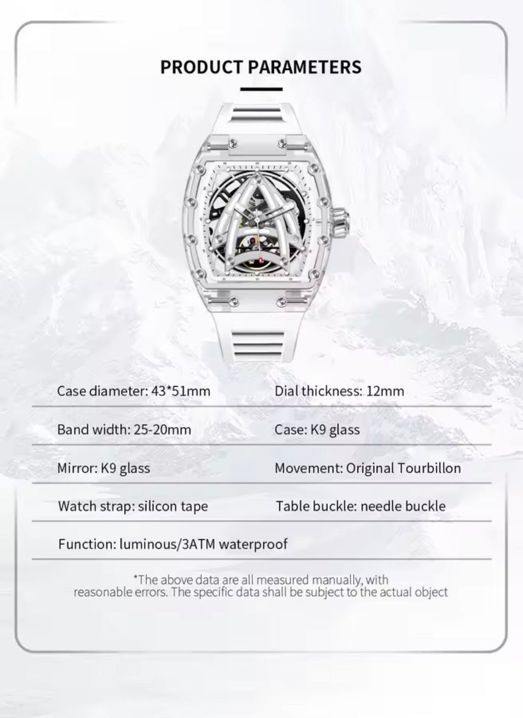 PINDU P6657 Sailing Series product specifications card 43x51mm tourbillon K9 glass case 3ATM waterproof